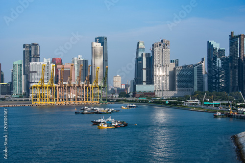 View of the Harbor Cranes and Singapore City