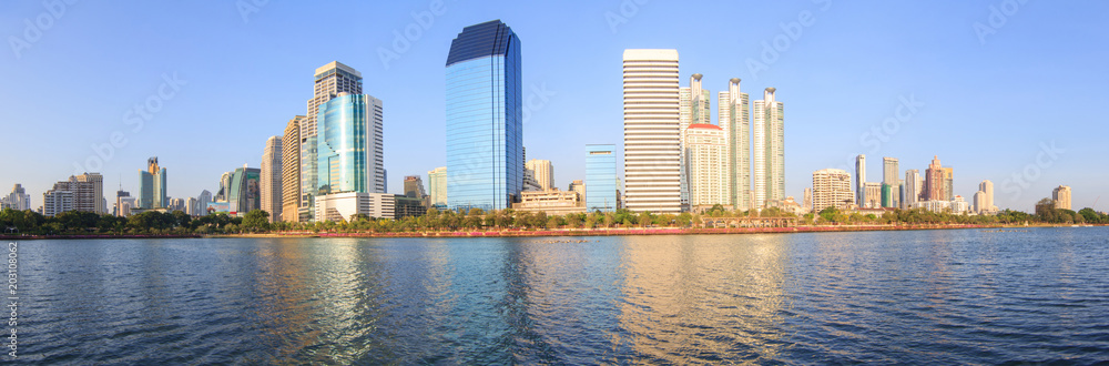 Panorama Lake view with reflections of the city / high building in the city lake view