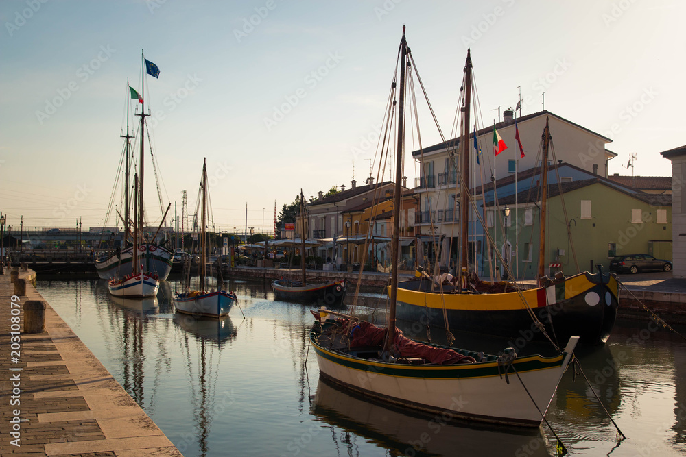 colorful historic boats in Porto Canale, cesenatico, Italy.