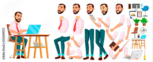 Office Worker Vector. Face Emotions, Various Gestures. Animation Creation Set. Businessman Person. Smiling Executive, Servant, Workman, Officer. Isolated Character Illustration