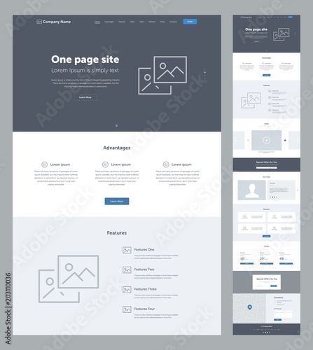 One page website design template for business. Landing page wireframe. Flat modern responsive design. Ux ui website: home, advantages, features, video, team, partners, prices, contacts, email, form.
