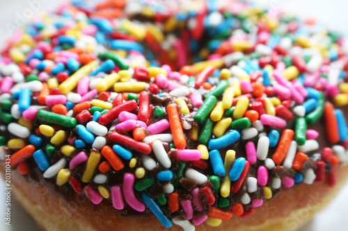 Beautiful Sprinkled Rainbow Colored Donut Close Up High Quality 