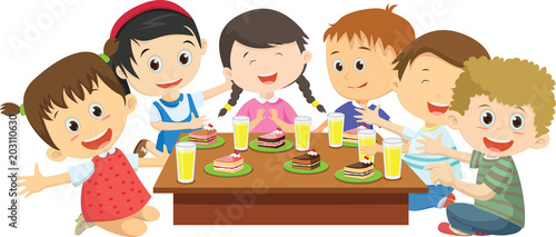  Happy kids eating dinner together on dining table