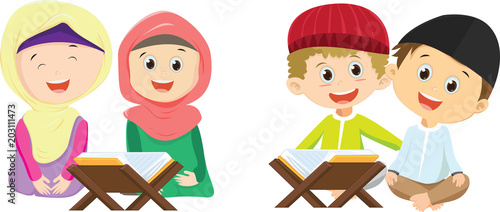 happy Muslim boys and girls reading Quran together