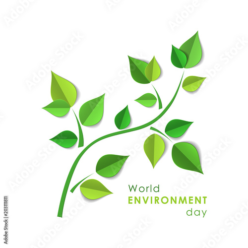 Green paper tree branch. Paper cutout green leaves. World Environment Day, June 5. Eco friendly symbol. Ecology, nature protection concept. Template for banner, poster, leaflet. Vector illustration