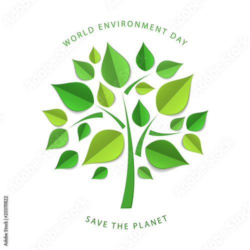 Green paper tree. Paper cutout green leaves. World Environment Day, June 5. Eco friendly symbol. Ecology, environment, nature protection concept. Save the planet. Vector illustration