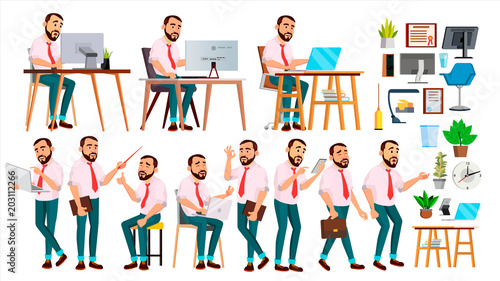 Office Worker Vector. Face Emotions, Various Gestures. Creation Set. Adult Entrepreneur Business Man. Happy Clerk, Servant, Employee. Isolated Flat Illustration