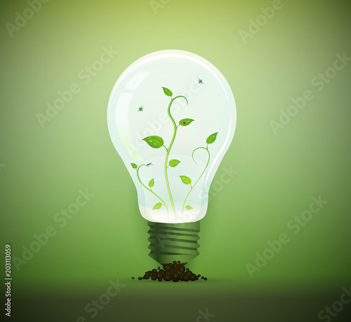Eco light bulb concept, realistic light bulb with plant inside,