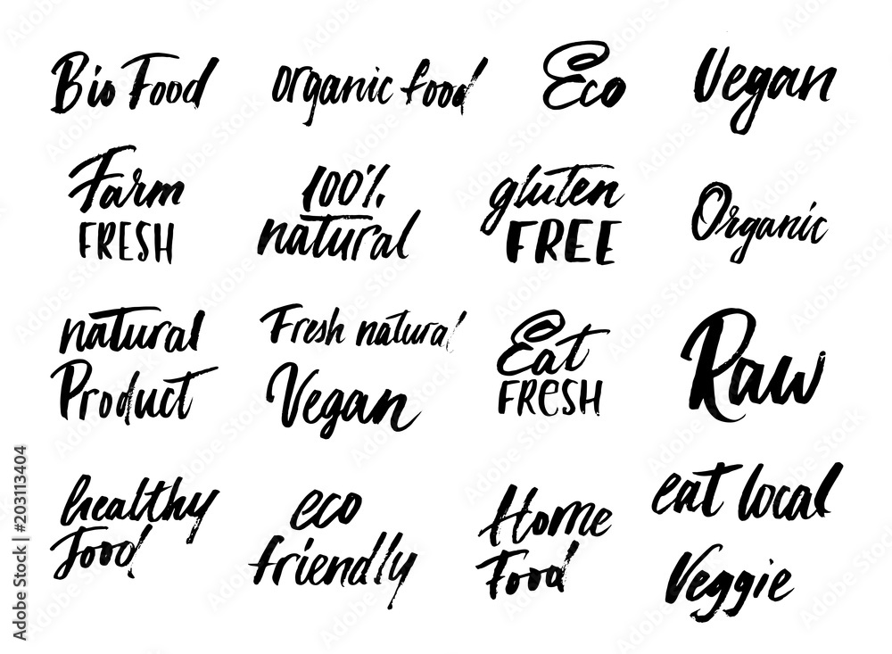 Big set of eco food labels and inscriptions isolated on white background background. Modern brush lettering eco food tags. Healthy food inscriptions for packaging, tags, food etc Big set of eco food labels and inscriptions isolated on white background background. Modern brush lettering eco food tags. Healthy food inscriptions for packaging, tags, food etc