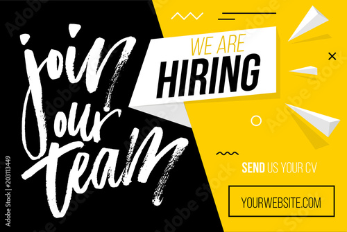 Hiring recruitment design poster. We are hiring brush lettering with geometric shapes. Vector illustration. Open vacancy design template.