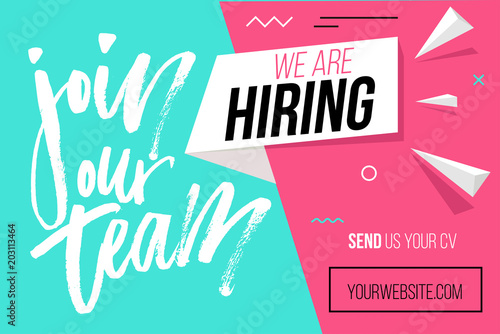 Hiring recruitment design poster. We are hiring brush lettering with geometric shapes. Vector illustration. Open vacancy design template.