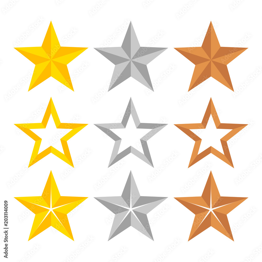 Set of different gold, silver and bronze ranking stars, stock vector illustration Set of different gold, silver and bronze ranking stars, stock vector illustration