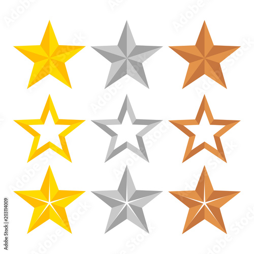 Set of different gold, silver and bronze ranking stars, stock vector illustration