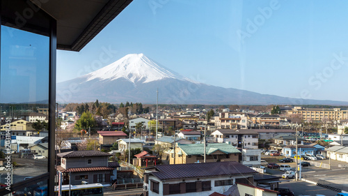 Fuji mountain and Kawaguchiko village view from hotel window