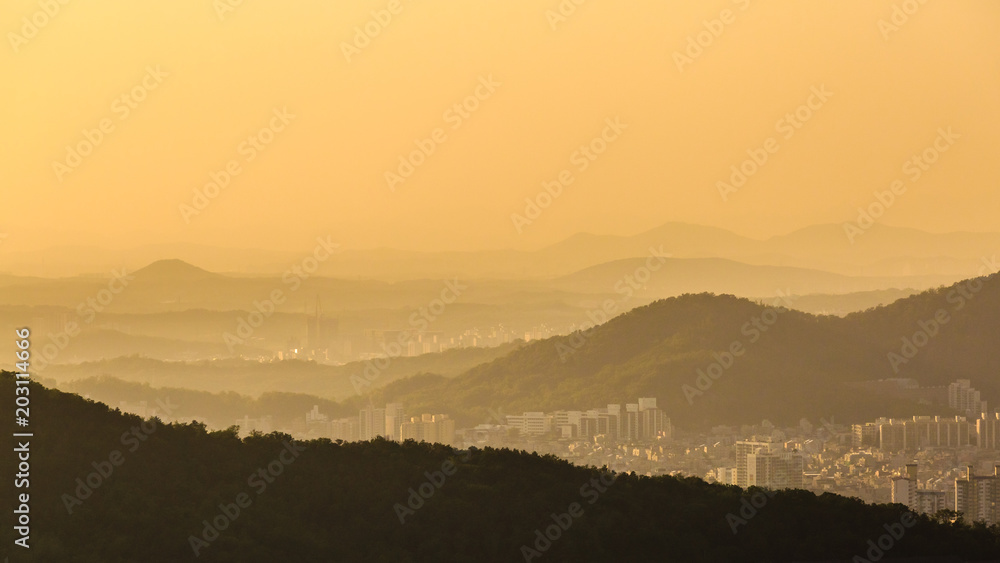 Naklejka premium Beautiful view of Seoul from the Asan Mountain at sunset, South Korea