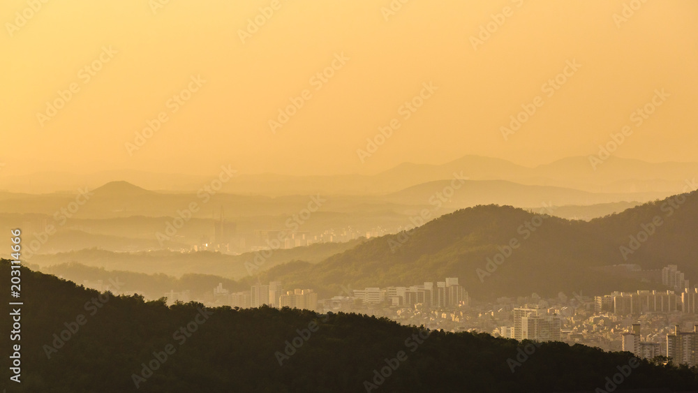 Beautiful view of Seoul from the Asan Mountain at sunset, South Korea