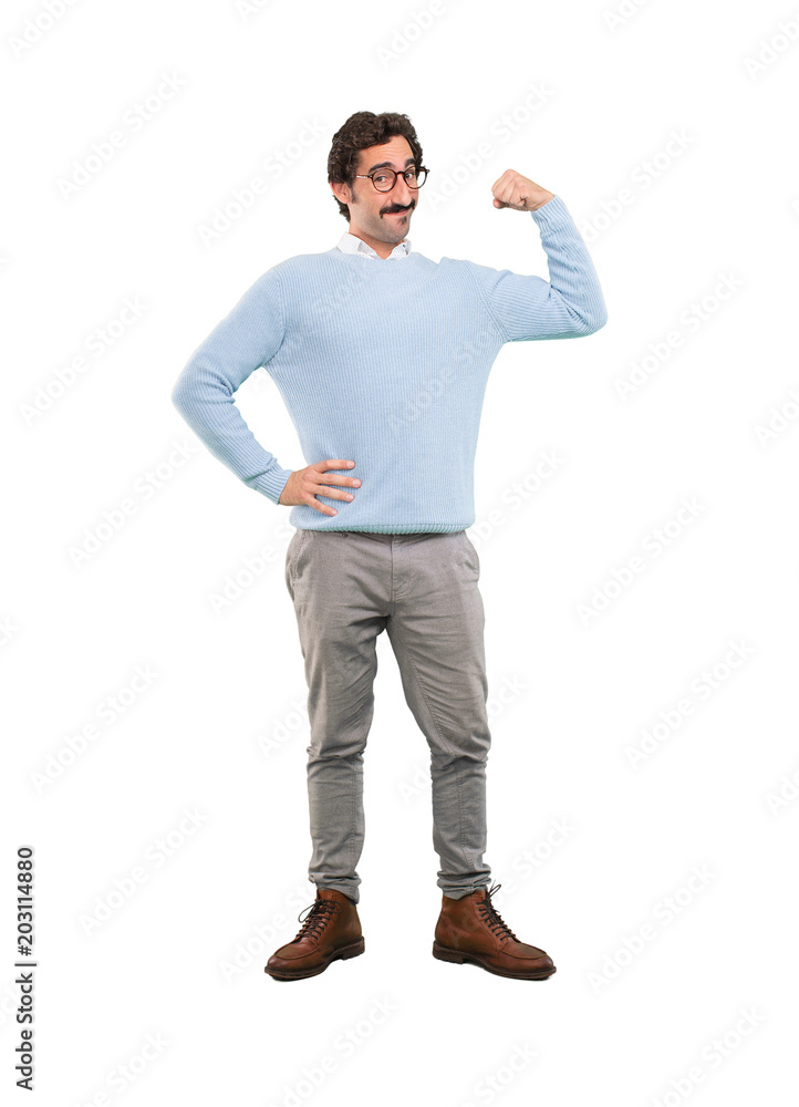 young crazy man strong pose.full body cutout person against whit Stock  Photo