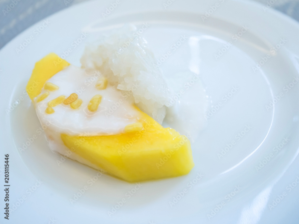sweet mango with sticky rice with coconut milk on white plate sweet mango with sticky rice with coconut milk on white plate