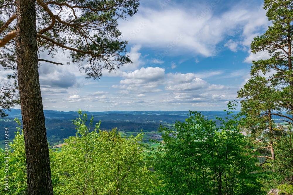 Blick vom Berg in das Thal mit Berge und Bäume und Wolken im Bayerischen Wald