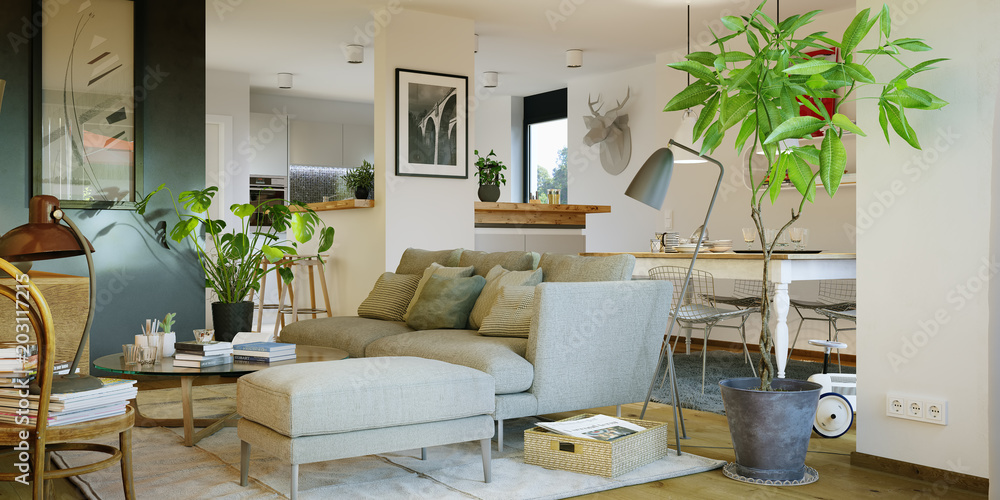 view inside luxury cosy sofa in living room - gemütliches sofa in  Wohnzimmer mit Küche Stock Illustration | Adobe Stock