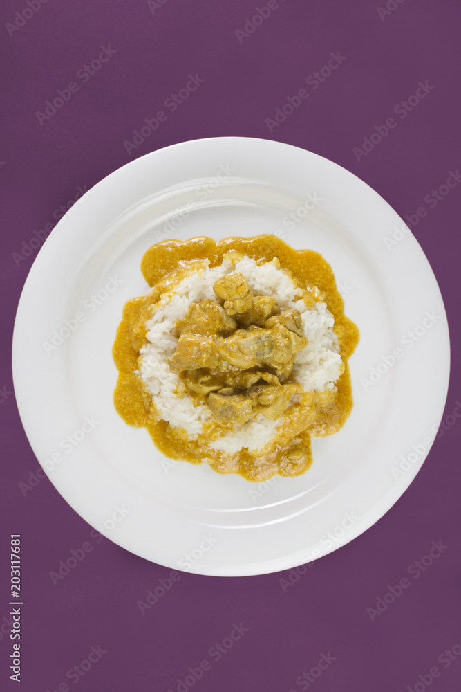Simple dish from India. Chicken Korma. Chicken on a mildly spiced coconut creamy sauce served with rice on white plate.