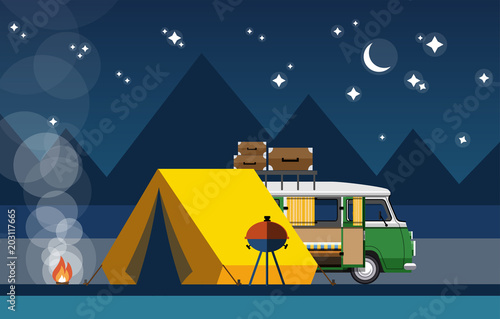Car with a tent and bonfire in the evening in a flat style. Camping with camping tent. Vector illustration Eps10 file