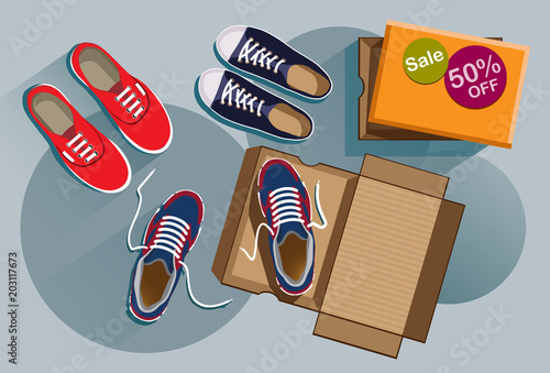 Discount on sneakers. Selling sneakers. Sneakers. Sneakers top view. Fashion sneakers. Fashion sneakers red, black, blue colors. Flat style. Flat design. Vector illustration Eps10 file