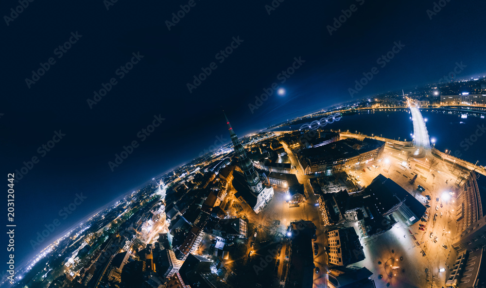 Old Riga Night Planet. Bridge roads in Riga city 360 VR Drone picture for Virtual reality