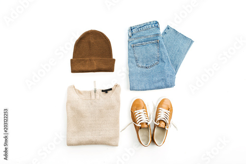 Woman casual fashion clothes and accessory set on white background. Flat lay, top view.