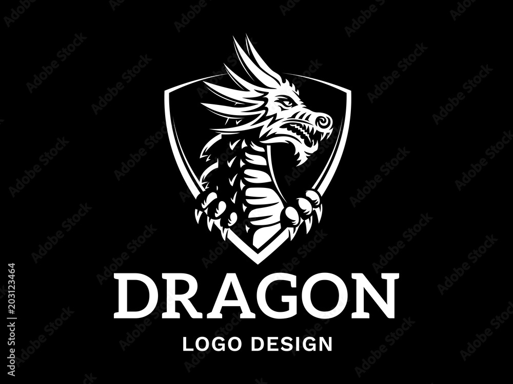 Fototapeta premium Vector head of a dragon in the form of a shield illustration, logotype, print, emblem design on a black background.