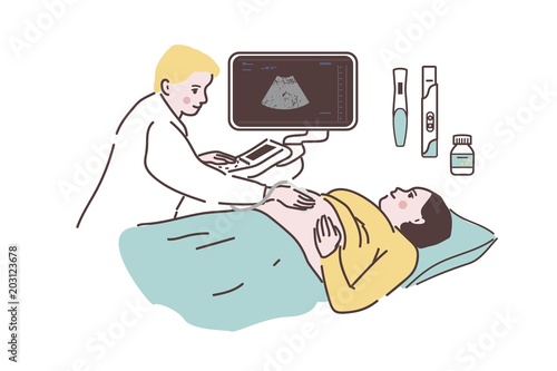 Pregnancy Ultrasonography. A woman on a medical examination. The patient