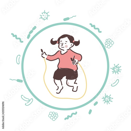Carefree girl jumps with a skipping rope. Her body is protected from bacteria and viruses.