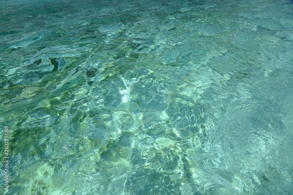 Fototapeta premium Amazing view of stones and white sand through transparent clear turquoise water. Indian Ocean, Maldives. Beautiful nature background. 