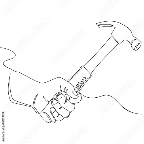 Continuous one line drawing hand with hammer