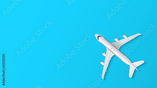 Airplane on blue background with copy space for text, travel background, vector illustration
