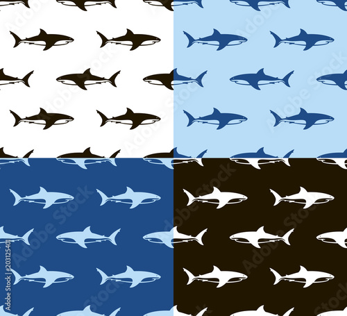 Sharks seamless pattern. Black  white and blue.