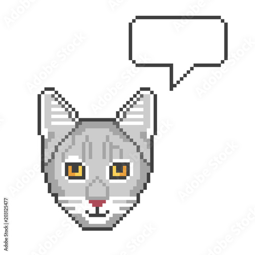 Cat icon with speech bubble in 8 bit retro game style and isolated on white background. Pixel color vector illustration