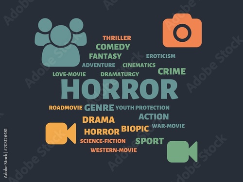 HORROR - image with words associated with the topic MOVIE, word, image, illustration