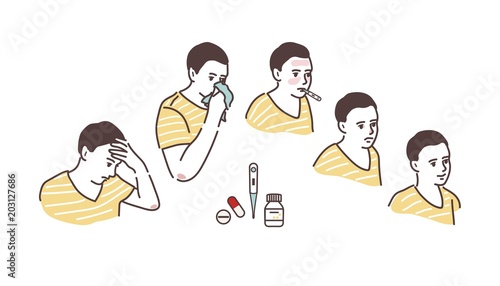 Illustration of a sickly condition headache, high body temperature, runny nose. Cold symptoms. Recovery.
