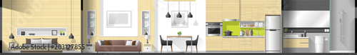 House interior section panorama including bedroom , living room , dining room , kitchen and bathroom , vector , illustration