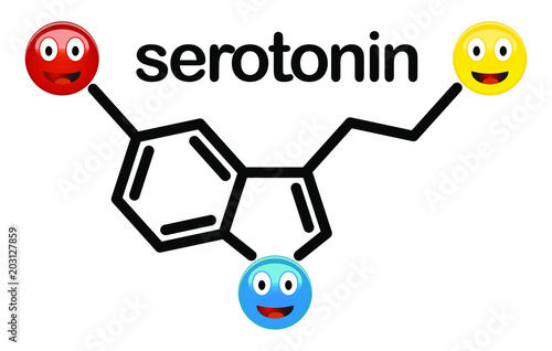 Serotonin neurotransmitter chemical structure with emoji smileys in place of Oxygen and Hydrogen molecules. Concept of serotonin as source of good mood and happiness.