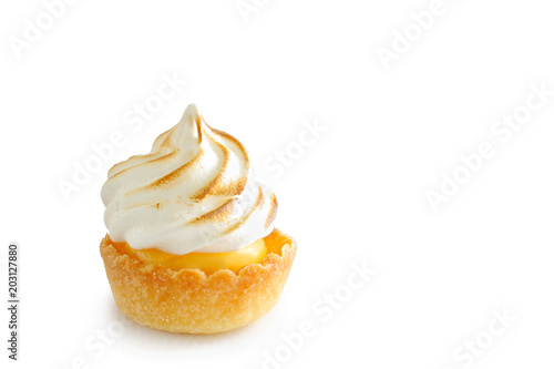 Mini lemon meringue tart isolated on white background
