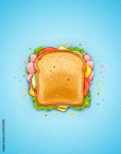 Sandwich. Fried bread with cucumber, bacon, tomato, cheese.