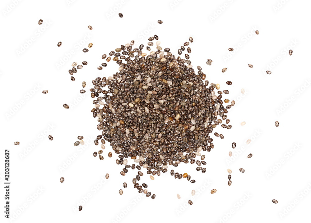 Chia seeds isolated on white background, top view Chia seeds isolated on white background, top view