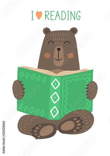 I love reading. Cute bear reading book on white background. Vector illustration