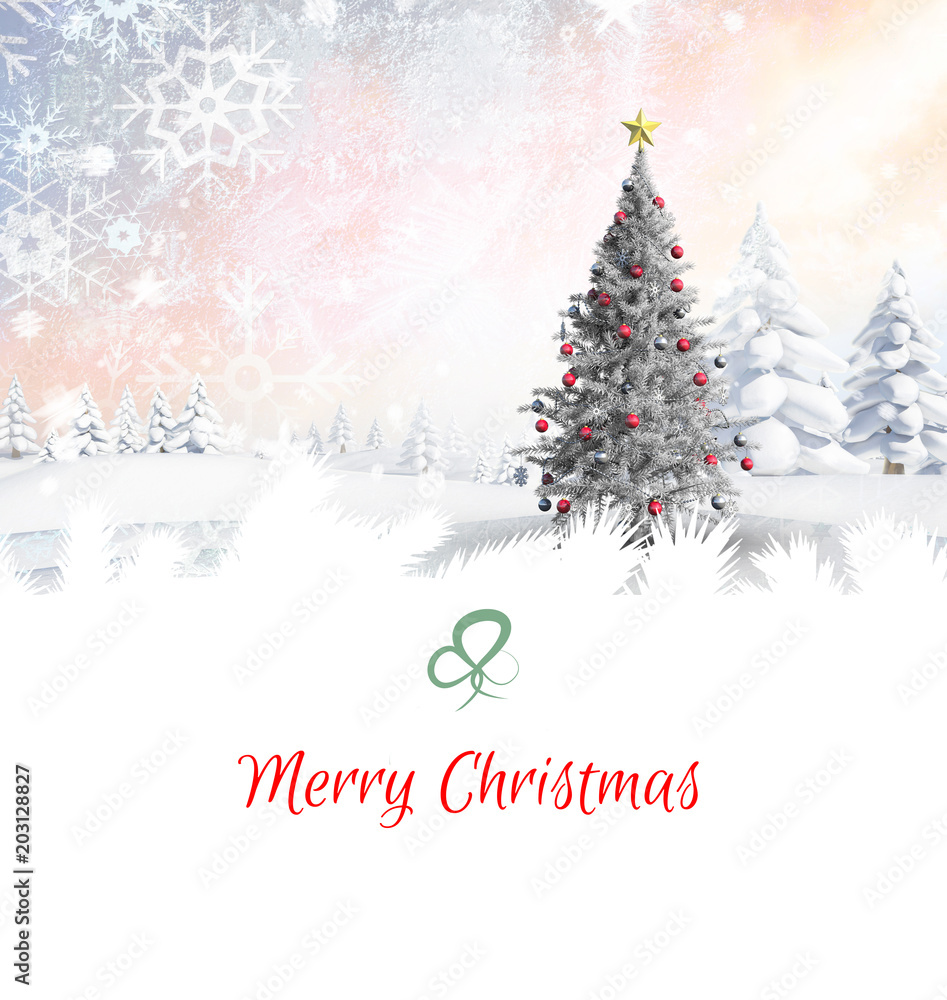 Composite image of christmas card against christmas tree in snowy landscape Composite image of christmas card against christmas tree in snowy landscape
