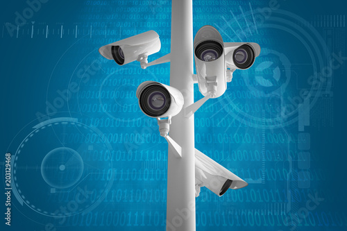 CCTV camera against shiny blue binary code on black background
