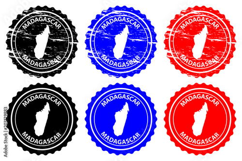 Madagascar - rubber stamp - vector, Madagascar map pattern - sticker - black, blue and red