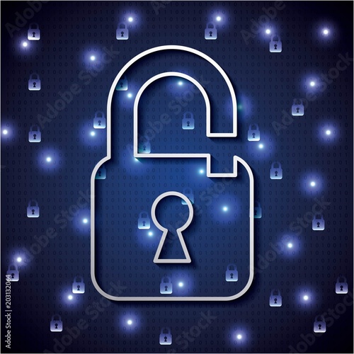 cyber security digital circuit binary numbers background big unlocked padlock vector illustration
