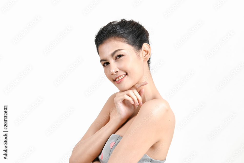 The concept of healthy beautiful woman. Beautiful women keep healthy. Beautiful women take care of skin health. Beautiful girl on white background The concept of healthy beautiful woman. Beautiful women keep healthy. Beautiful women take care of skin health. Beautiful girl on white background